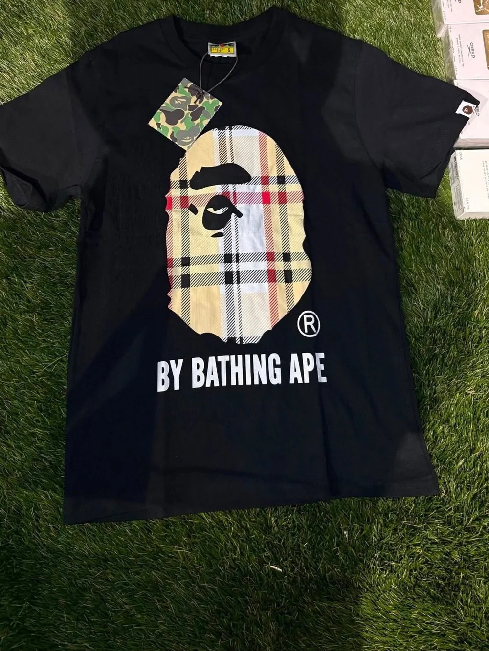 Bape White Tee with Black Ape Outline Graphic